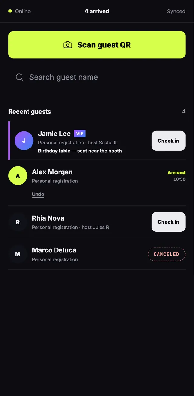 The door scanner with live arrival counts, QR scanning and offline-safe check-ins