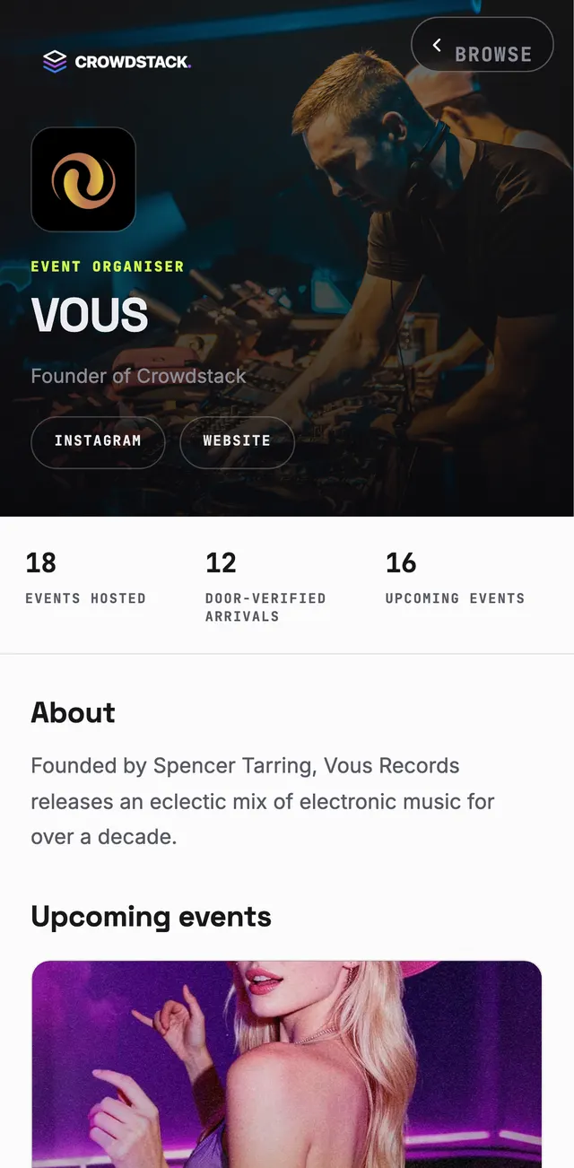 A public organiser page with brand cover, verified arrivals and upcoming events