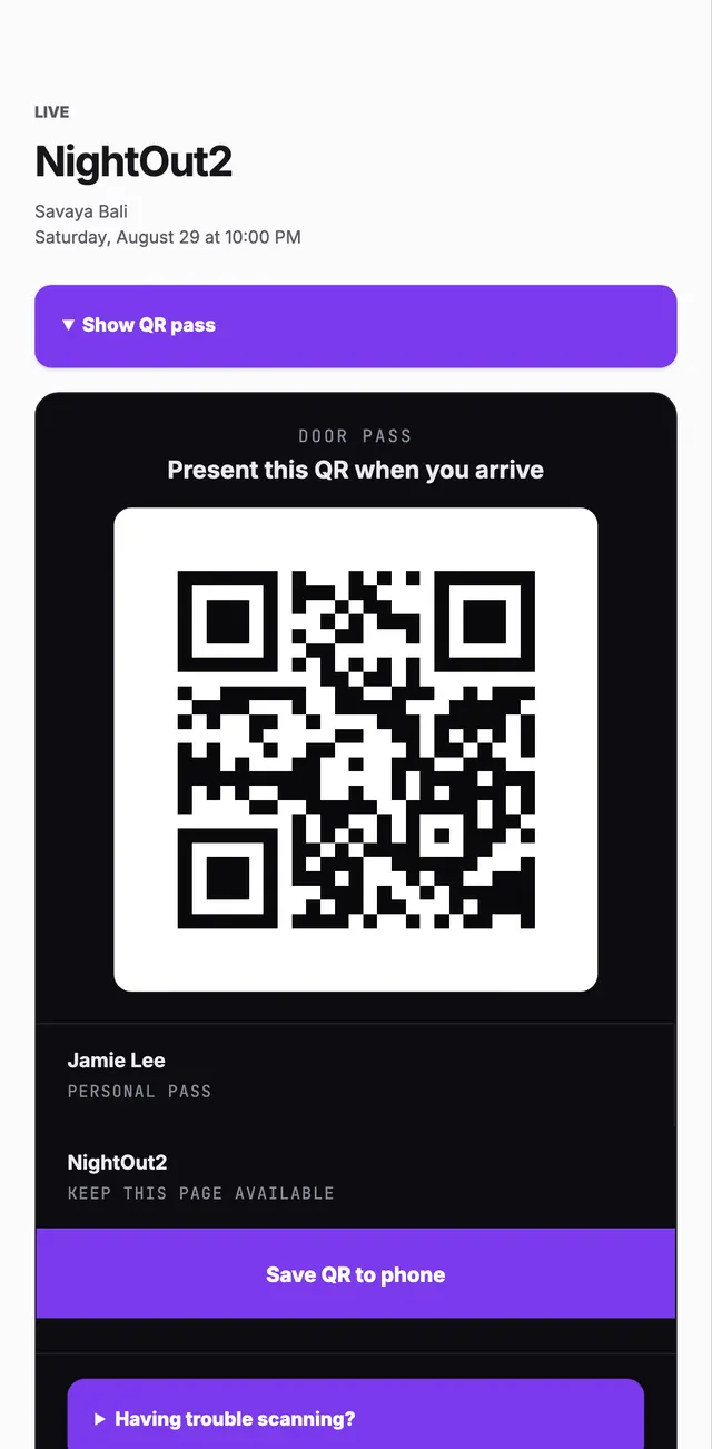 A guest's personal QR door pass for an event